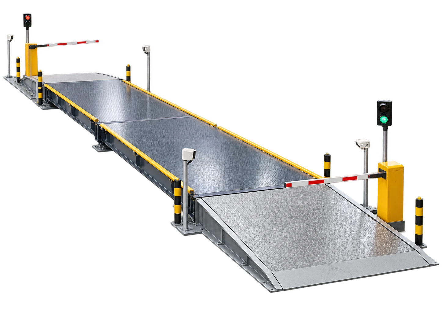 Weighbridge with barriers, traffic lights and vehicle-position sensors